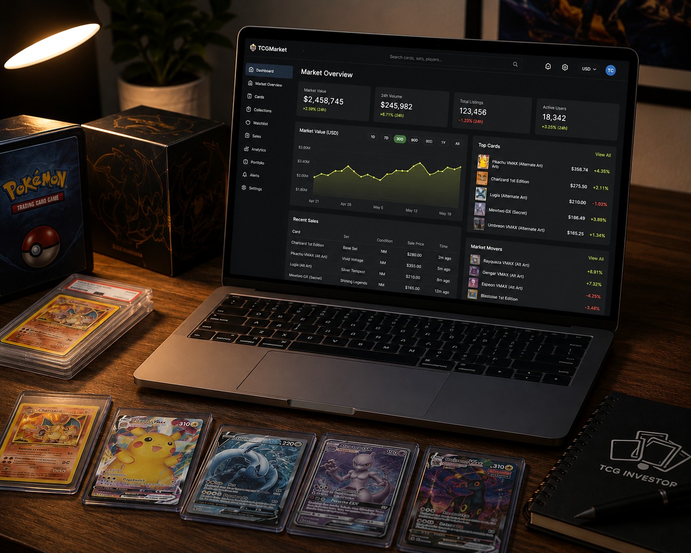 Trading cards and sealed product beside a laptop showing card market analytics